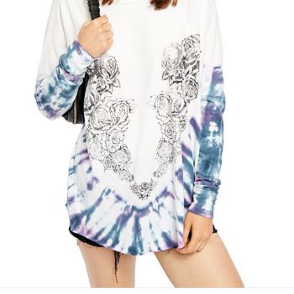 Free People White Tie-Dye Long Sleeve Tee with Floral Heart Print
